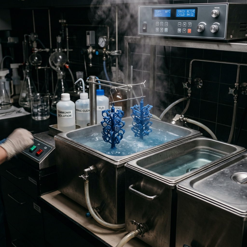 Chemical cleaning bath station stripping support residues from wax trees