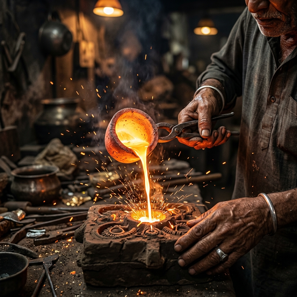 Prestige jewelry artisans casting gold molds at Jewels by Nimit Jaipur factory